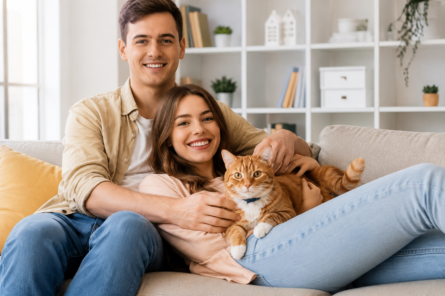 Pareja disfrutando en casa con su gato naranja
